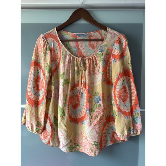 Gerard Darel Tops - Darel Blue 100% Silk Floral Chinoiserie Blouse‎ Orange French 42 Gerard Dainty